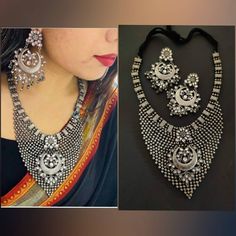 Add style and charisma to your beautiful personality with this exquisitely designed and handcrafted high quality silver look alike necklace set .Pair it up with any casual, semi formal or, formal attire and gather compliments for your unique and classy choice. Ideal wear for both casual and dressy occasions Necklace length 24 inches with an adjustable black dori at the back Weight 180 GM's Each earring weighs 20 GM's ( earrings are light weight and comfortable to wear) Length 3.5 inches Note: Al Bohemian Silver Jewelry With Stone Work, Traditional Metal Jewelry Sets For Party, Bohemian Jewelry Sets With Stone Work For Party, Bohemian Stone Work Party Jewelry Sets, Bohemian Style Stone Work Necklaces For Party, Bohemian Necklaces With Stone Work For Party, Bohemian Party Jewelry Sets With Stone Work, Bohemian Silver Kundan Necklace With Stone Work, Heavy Silver Kundan Temple Necklace