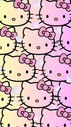 a group of hello kitty wallpapers with pink and yellow bows on it's heads