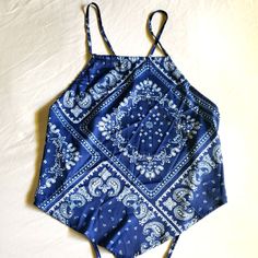 Womans Size Xl Fits Small Blue Bandana Print Halter Top New Never Worn Blue Sleeveless Crop Top For Beach, Trendy Blue Festival Top, Casual Blue Paisley Print Tops, Blue Bandana Print Top For Spring, Spring Blue Top With Bandana Print, Blue Bandana Print Tops For Summer, Blue Crop Top For Beach Season, Blue Floral Print Tops For Beach Season, Bohemian Bandana Print Top For Beach