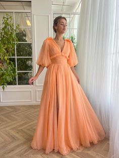 Teuta Matoshi Gold Dress, Teuta Matoshi Pink, Teuta Matoshi Orange Dress, Prom Dresses Open Back, Elegant Floor-length Peach Dress, Elegant Peach Floor-length Maxi Dress, Quinceanera Dresses Black, Gown With Pockets, Dresses Open Back