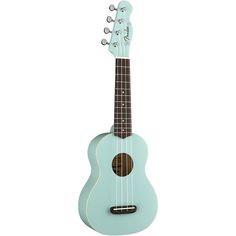 a small blue ukulele sitting on top of a white background