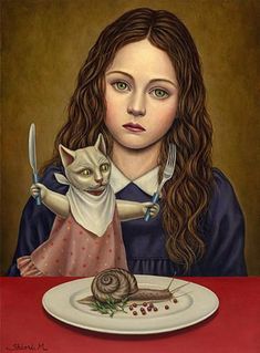 a painting of a girl holding a knife and fork next to a plate with a cat on it