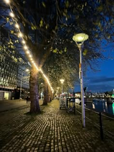 a street light on the side of a brick road next to a body of water