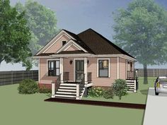 this is a computer rendering of a small house with porches and steps to the front door