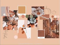 a collage of photos with pumpkins, leaves and other things in them on an orange background