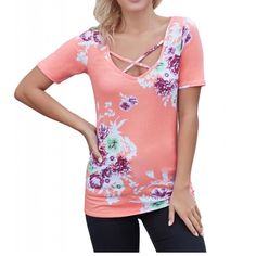 Pink Criss Cross Floral Shirt- Very True To Size! Spring Purple V-neck Shirt, Purple Stretch Tops For Summer, Purple V-neck Summer Shirt, Purple Floral Print Top For Day Out, Orange Fitted Feminine Tops, Fitted Feminine Orange Tops, Fitted Pink T-shirt With Floral Print, Pink Stretch Shirt For Spring, Purple Floral Print Short Sleeve Tops