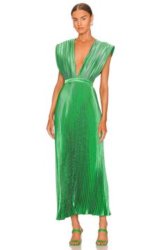 100% poly.  Made in Indonesia.  Hand wash.  Unlined.  Hidden back zipper closure, Adjustable back strap.  Pleated satin fabric.  Shoulder seam to hem measures approx 55" in length.  .  .  .  .  .  .  .  .  . Gala Gown, Dress Code Wedding, Green Dress Casual, Guest Attire, Wedding Attire Guest, Pleated Fabric, Green Midi Dress, Midi Dress Sleeveless, Wedding Attire