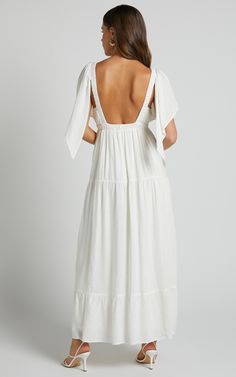 Lyrad Empire Maxi Dress - Waist Textured Dress in White | Showpo USA Vacation A-line Midi Dress With Tie Back, Flowy A-line Sundress For Brunch, White Tie-back Midi Dress For Casual Wear, White Midi Dress With Tie Back, Casual White Midi Dress With Tie Back, Elegant Sundress For Day Out, White Midi-length Dress With Tie Back, Flowy A-line Dress For Brunch, Flowy A-line Brunch Dress