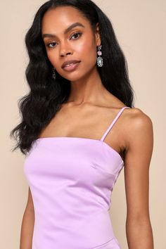 You'll be the chicest cutie on the dance floor with a luxe look like the Lulus Ideal Perfection Lavender Satin Sleeveless Mini Dress! Sleek woven satin shapes this flirty lil' dress that features a sleeveless darted bodice and a simple straight neckline, all supported by adjustable spaghetti straps. The figure-skimming, bodycon silhouette features flattering pleated detailing at the side and finishes at a cute mini hem. Hidden back zipper/clasp. Fit: This garment fits true to size. Length: Mid-t Chic Satin Square Neck Party Dress, Summer Satin Dress With Square Neck For Night Out, Fitted Sleeveless Satin Dress For Homecoming, Summer Party Satin Dress With Straight Neckline, Sleeveless Satin Dress For Prom Season Night Out, Sleeveless Satin Dress For Date Night And Prom, Summer Satin Dress With Square Neck, Purple Satin Sleeveless Dress, Purple Sleeveless Satin Finish Dress