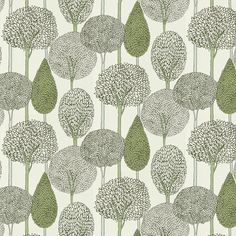 a green and white wallpaper with many trees on it's sides, all in different sizes