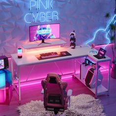 a pink computer desk with neon lights in the corner and a white rug on the floor