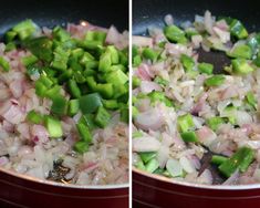 two pictures of onions and celery being cooked in a pan