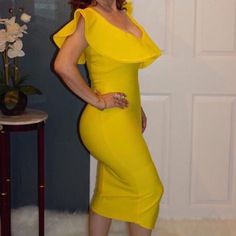 Amazing For Any Event! New Never Worn Before! Excellent Material Elegant Yellow Bodycon Summer Dress, Yellow Midi Bodycon Dress For Party, Elegant Yellow Stretch Midi Dress, Elegant Stretch Yellow Midi Dress, Elegant Yellow Bodycon Dress For Brunch, Yellow Knee-length Midi Dress For Night Out, Chic Yellow Midi Dress For Date Night, Elegant Yellow Bodycon Dress, Yellow Ruffle Midi Dress For Date Night