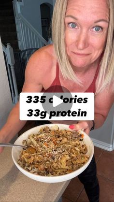 a woman holding a bowl of food with the words 33 5 calories 3g protein