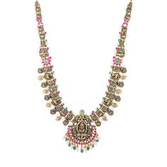 Celebrate divine radiance of temple jewelry with Virani Jewelers' 22k antique gold and gemstone necklace and jhumki earring set. This gold jewelry set, a treasure of traditional jewelry, is an embodiment of opulence and heritage. Crafted with meticulous precision, the engraved depiction of Goddess Laxmi adds an air of sacred charm to each piece. The radiant 22k gold and exquisite gemstones coalesce in a symphony of elegance. Wearing this 22k gold antique jewelry set set is an homage to tradition Goddess Laxmi, Gold Jewelry Set, Gold Temple Jewellery, Temple Jewelry, Jhumki Earrings, Gold Jewelry Sets, Temple Jewellery, Traditional Jewelry, 22k Gold