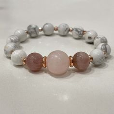 Stylish bracelet made out of white howlite, rose quartz and rose jade. 🌸⠀ ⠀ White Howlite is a calming stone, brings compassion and sensitivity to its wearer.⠀ ⠀ - soothes the body, mind, spirit ⠀ - helps balance calcium levels in the body⠀ - great for people who overreact or too emotional ⠀ - connects to the third-eye chakra⠀ All jewelry comes in premium packaging, gift ready, plus a stylish postcard All of our jewelry are designed and crafted by hand in our atelier in Bulgaria with careful at Natural Stone Accessories, Crystal Bracelets Diy, Howlite Jewelry, Beaded Wristlet, Bracelets Friendship, Healing Gemstone Bracelets, Howlite Bracelet, Pink Jade, Stone Accessories