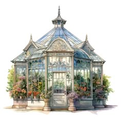 a watercolor painting of a glass house with potted plants and flowers in it