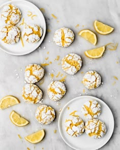 lemon crinkle cookies are on plates with slices of lemon and powdered sugar