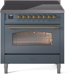 a blue oven with gold trim on the front and side doors, sitting against a white background