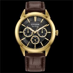 With vintage-inspired style that will never go out-of-date, this latest multi-function Rolan from Citizen takes the classic collection to the next level. The 40mm gold-tone stainless steel case is the perfect base for the watch's black dial, with three sub-dials upon a textured inner sector adding to its distinct appeal. Applied accents and a brown leather strap round out the look, with features including running and 24h time joining day and date indicators to balance the chic aesthetics with fu Classic Yellow Gold Watches With Subdials, Classic Business Watches With Analog Display, Gold Chronograph Watch With Subdials For Business, Gold Chronograph Watch With Leather Strap, Yellow Gold Leather Watch With Metal Dial, Yellow Gold Leather Watch With Round Dial, Yellow Gold Watches With Metal Dial And Leather Band, Yellow Gold Watches With Metal Dial And Leather Strap, Formal Watches With Subdials And Round Dial