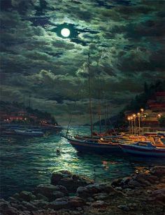 a painting of a boat in the water at night with a full moon above it