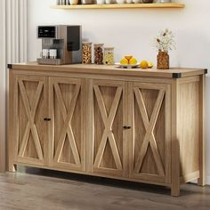 a wooden buffet table topped with lots of food