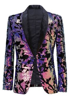 Purple and Blue Shiny Sequin Blazers Jackets for Men     Condition: Brand New   Color: Purple and Blue   Material: Polyester   Occasion: Party, Wedding, Events, Photo shoot or Shows   Sleeve Length: Long Sleeves   Collar: V-neck   Closure Type: Single Breasted   Includes: Jacket      amp;nbsp; Velvet Suits Design, Purple Tuxedo, Sequin Suit, Singer Costumes, Button Shawl, Purple Blazer, Men Blazer, Party Jackets, Sequin Blazer