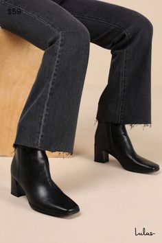 The Lulus Layten Black Square Toe Ankle Boots are the perfect addition to your fall wardrobe! These must-have boots have a smooth faux leather construction that shapes a square-toe upper that rises to an ankle-high shaft with stylish seam detailing. A 7"" zipper at the instep makes for easy on-and-off, while a sturdy block heel completes the design! 2. 5" block heel. Cushioned insole. Rubber sole has nonskid markings. Man Made Materials. Imported. Lulus | Layten Black Square Toe Ankle High Heel Boots. Black Square Toe Heeled Boots For Winter, Black Short Boots Outfit, Black Square Toe Heeled Boots With Leather Sole, Black Synthetic Heeled Boots With Square Toe, Black Mid-calf Boots With Sculpted Heel And Square Toe, Short Boots Outfit, Black Square Toe Boots, Black Square Toe Heeled Boots, Medium Width, Square Toe Ankle Boots