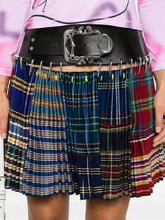 Find CHOPOVA LOWENA Bobbie Mini Skirt on Editorialist. blue/multicolour wool leather trim buckle fastening belted waist horizontal stripe pattern carabiner detail fully pleated unlined Chopova Lowena Skirt, Chopova Lowena Skirts, Chopova Lowena, Tartan Mini Skirt, 2025 Style, Doll Things, Style Goals, Plaid Mini Skirt, Goth Fashion