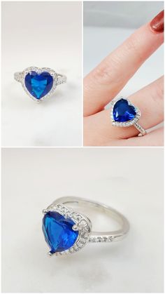 "This sapphire blue and clear crystal ring is made with a 9mm heart-shaped sapphire blue cubic zirconia crystal, surrounded by smaller clear CZ crystals. There are also tiny CZs at the top of the platinum-dipped, cathedral-style ring shank. This fun crystal heart ring makes a lovely something blue or sapphire birthstone jewelry gift for her. Thank you for looking. - Shop Gemsicles, an Etsy boutique with hundreds of sparkly items for weddings, gifts and just because. Our original jewelry designs Heart Cut Sapphire Jewelry For Valentine's Day, Blue Jewelry For Valentine's Day Party, Valentine's Day Heart Cut Sapphire Jewelry, Sapphire Cubic Zirconia Jewelry For Valentine's Day, Heart-shaped Cubic Zirconia Jewelry With Accent Stones, Valentine's Day Sapphire Cubic Zirconia Jewelry, Heart-shaped Blue Jewelry For Anniversary, Blue Heart-shaped Jewelry For Anniversary, Sapphire Heart Cut Jewelry With Brilliant Cut