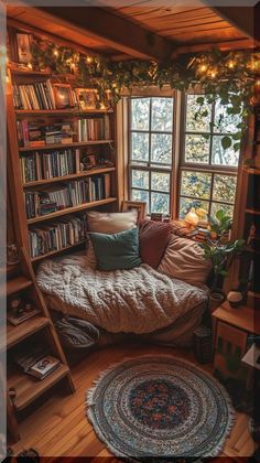 a room with a bed, bookshelf and many lights on the windowsill