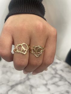 14K 2 Tone Initial Heart Ring - Beautiful solid 14K initial ring - The flowers are in rose gold  - Available in all letters, once purchased message us with the letter you would like - Available in a size 7, we are able to customize in the size needed, message us Gold Rings With Initials For Valentine's Day, Valentine's Day Gold Rings With Initials, Rose Gold 14k Stamped Initial Promise Ring, Personalized 14k Gold Initial Ring For Promise, Promise Rings With Initials In Rose Gold, Promise Rings In Rose Gold With Initials, Gold Heart Ring With Initials For Promise, Customizable 14k Gold Initial Ring For Anniversary, Personalized 14k Gold Heirloom Initial Ring