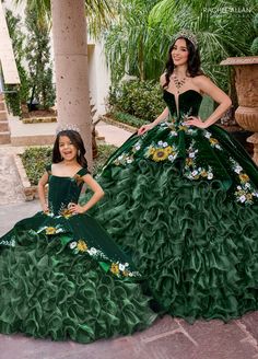 Your sweet girl will make a grand entrance in this floral embroidered velvet long off the shoulder dress with A-line ruffled skirt by Rachel Allan RQ4049. This mini quinceañera gown is a breathtaking creation, designed to make a grand statement. The gown features a bold velvet off-the-shoulder neckline with delicate straps and a fitted bodice adorned with vibrant floral appliqués. The full, voluminous organza skirt cascades in layers of rich ruffles, creating a dramatic silhouette. This dress is Velvet Ballgown, White Rehearsal Dress, Long Off The Shoulder Dress, Quinceanera Dresses Green, Ruffled Gown, Girls Communion Dresses, Pretty Quinceanera Dresses, Military Ball Dresses, Organza Skirt