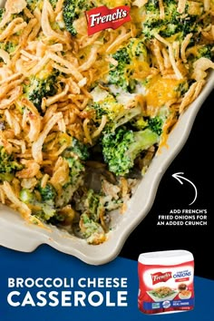 broccoli cheese casserole with crispy fried onions in a white dish