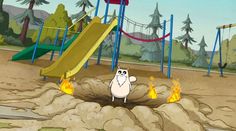 a cartoon character standing in front of a fire pit with a slide in the background