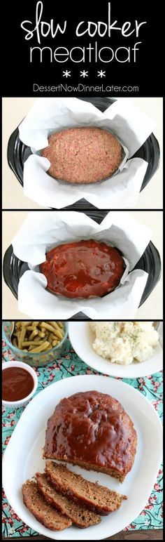 the steps to make slow cooker meatloaf are shown in three different pictures