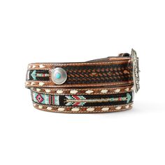 Suited to a bold and modern cowboy, this genuine leather belt features a colorful beaded inlay, antique silver and turquoise concho, and a floral silver buckle. A dynamic addition to any pair of jeans. Southwest Beaded Belt | Product Features : 0 : 1 1/2\ wide strap | Men's Southwest Beaded Belt in Beige Khaki Leather, Size: 36 by Ariat Artisan Belts With Concho And Adjustable Fit, Western Leather Belts For Festivals, Western Style Leather Belts For Festivals, Adjustable Hand Tooled Belt For Festivals, Southwestern Style Leather Belt For Rodeo, Adjustable Western Belts For Festivals, Western Adjustable Belts For Festivals, Western Style Adjustable Belts For Festivals, Southwestern Style Concho Belt For Festivals