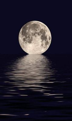 a full moon is reflected in the water on a dark blue night sky above the ocean