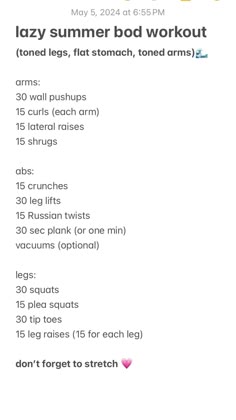 an iphone screenshot showing the workout schedule for lazy summer bod work - out