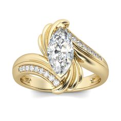 Treat yourself as a holiday gift with this stunning ring. Fashioned in yellow gold tone sterling silver, the engagement ring showcases a marquise-cut center stone highlight with two wing-like shapes. This eye-catching stone stands tall above the gracefully bypassing shimmering shank. It will be certain to show a really sparkling and unique look on your finger. Never miss it!Carat Weight: 2.64 ctStone Size: 6*12 mmStone Type: Jeulia® StoneNumber of Stones: 1 Stone Color: Diamond WhiteStone Shape: MarquiseCarat Weight: 0.24 ctStone Size: 1.2,1 mmStone Type: Jeulia® StoneNumber of Stones: 18 Stone Color: Diamond WhiteStone Shape: RoundWeight: 4.7 gWidth: 16.83 mmHeight: 5.88 mmThickness: 2.48 mmMaterial: 925 SilverPlating Color: Yellow Gold Engagement Rings Matching, Wedding Bands For Couples, Jeulia Jewelry, Rings Matching, Gold Diamond Wedding Ring, Rings For Couples, Womens Silver Jewelry, Engagement Rings Unique, Unique Silver Rings