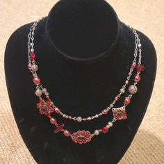 Perfect New With Tags Condition From Smoke And Pet Free Home. Deep Red Garnet Geometric Beads, Red Pearls, Red Sparkly Beads On Silver Metal Wire. Adjustable Clasp, Approx 18" Elegant Red Beaded Chain Necklace, Red Beaded Chain Necklace Gift, Red Beaded Chain Necklace For Gift, Gift Red Beaded Chain Necklace, Red Beaded Chain Costume Necklace, Elegant Red Beaded Necklace With Lobster Clasp, Red Double Strand Jewelry For Party, Double Strand Red Jewelry For Party, Red Double Strand Party Jewelry