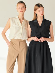 Editor's NoteThis blouse features a chest pocket detail and a notched collar in a classic mood. The fabric is a thick chiffon fabric, providing a solid and firm fit without significant sheerness.- Upper part of the collar is made of satin fabric that matches the color of the blouse- Sleeveless design is layered fabric detail and a shallow armhole line, making it comfortable to wear without worrying about exposure- Verstaile item that goes great with skirts, trousers, jeans, and more Measurements (In.)1/2- Total Length: 24.57 in. / 24.84 in.- Shoulder: 15.79 in. / 16.30 in. - Chest: 36.97 in. / 38.98 in.- Waist: 35.94 in. / 37.95 in.- Hem: 40 in. / 42.01 in.Composition & Care- Upper: 100% Polyester - Lining: 100% Polyester - 60% Rayon 40% Polyester- Dry clean only*Model info: MARTY Elegant Sleeveless Semi-formal Tops, Sleeveless Blouse For Business Casual, Sleeveless Business Casual Blouse, Sleeveless Blouse For Office Wear, Sleeveless Office Wear Blouse, Elegant Sleeveless Blouse For Office, Elegant Sleeveless Office Blouse, Elegant Tops With Welt Pockets For Work, Sleeveless Semi-formal Spring Top