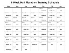 the 8 week half marathon training schedule is shown in black and white, with numbers for each