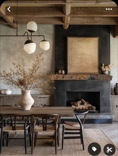 an image of a dining room setting with chairs and table in front of the fire place