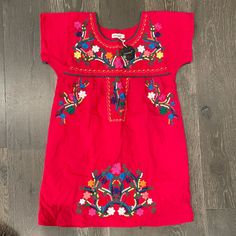 New Red Flora Embroidered Dress Small Summer Festive Dress With Embroidered Hem, Red Mini Dress For Festive Spring Occasion, Spring Festive Dress With Embroidered Hem, Red Spring Dresses For Festive Occasions, Casual Summer Festive Dress, Casual Summer Dress For Festive Occasions, Casual Summer Festival Dress, Spring Festive Dress With Multicolor Embroidery, Festive Spring Mini Dress With Short Sleeves