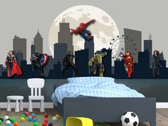 an image of a bedroom scene with superheros on the wall and in the background