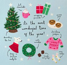 an illustrated christmas card with the words it's the most wonderful time of the year