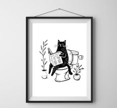 a black cat sitting on top of a toilet reading a newspaper while holding a potted plant