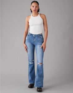 Ripped Jeans American Eagle High Waisted, High Waisted Ripped Flare Jeans, Womens Jeans Curvy, Jeans For Pear Shaped Women, 7 Jeans, High Waisted Flare Jeans, Curvy Jeans, High Waisted Flares, American Eagle Jeans