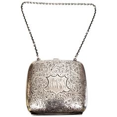 Vintage sterling silver coin purse by La Pierre Manufacturing Co. Etched floral and flourish engraved design with monogram on one side. Round link chain strap and interior pockets on each side. Monogram appears to be NBJ Size: 3 1/2"" wide x 3 1/4"" high x 3/8"" thick. Strap measures 13 1/2"" long. Weight: 111.8g/71.9dwt Marked: L (La Pierre hallmark) STERLING Very nice condition with some surface scratches and tarnish. Interior fabric has some discoloration. CL03252020 Will come insured and pac Formal Silver Engraved Bags, Elegant Engraved Bags For Formal Occasions, Antique Engraved Rectangular Bag, Antique Engraved Rectangular Bags, Antique Rectangular Engraved Bags, Engraved Rectangular Formal Bag, Engraved Silver Evening Bag, Formal Engraved Rectangular Bag, Formal Rectangular Engraved Bag